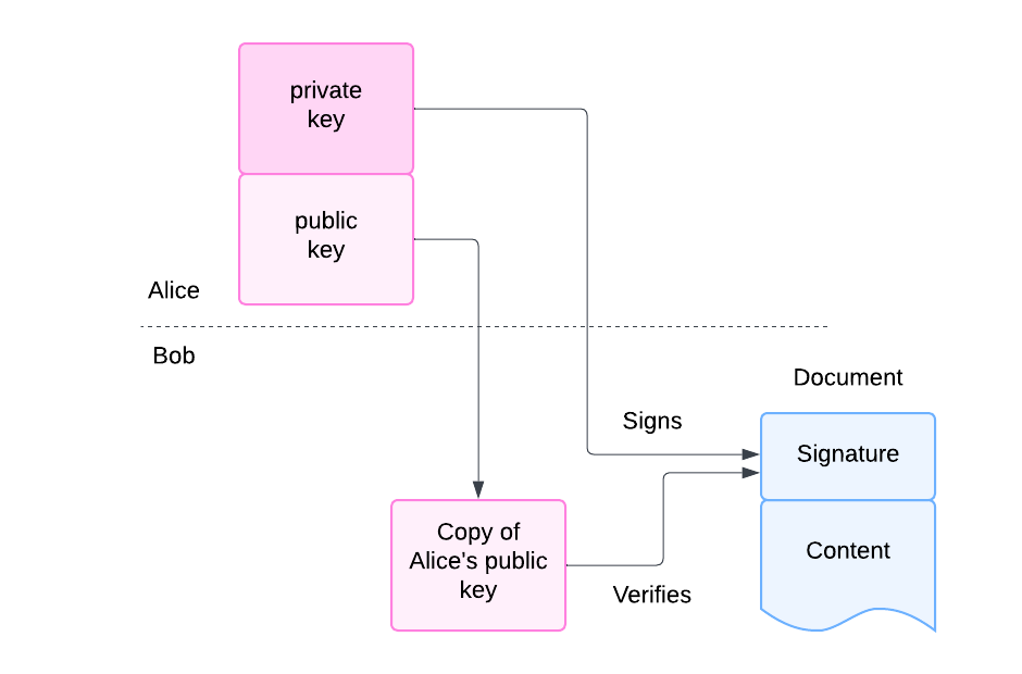 two areas, one for Alice and one for Bob. In Alice's area is a keypair split in to a private and public half. On Bob's side is a copy of the public half of Alice's key and a document with a signature. Alice signs the document with the private half of the key. Bob validates the signature with his copy of Alice's public half key