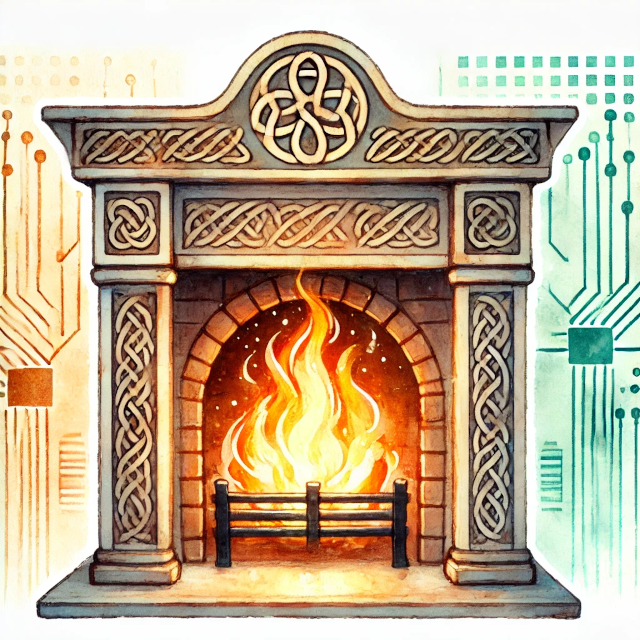 a truly epic hearth with a Celtic knot design surrounded by circuits done in water colors