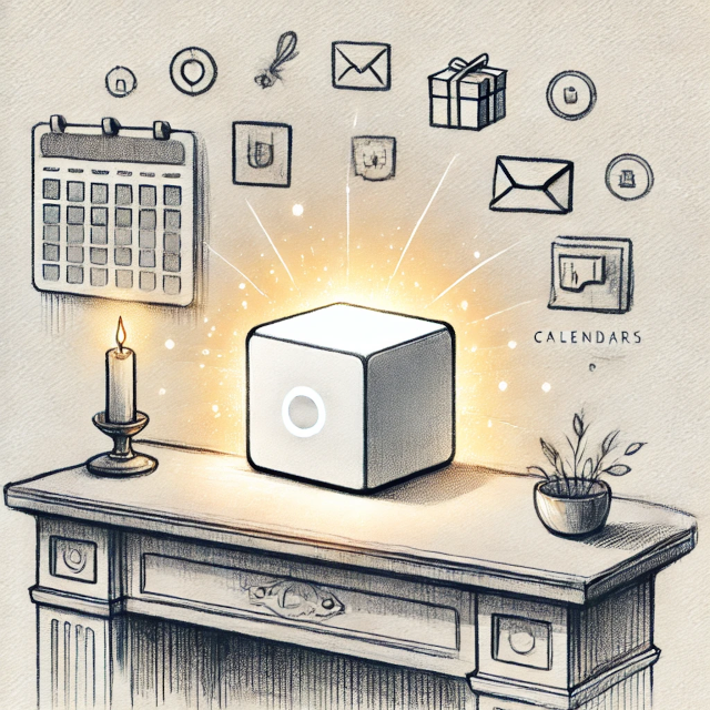 a pencil drawing of a glowing box on a family mantel 